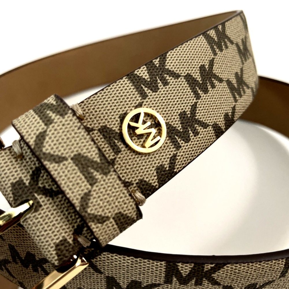 NWT Original MICHAEL KORS Signature Brown Beige Gold Belt 556196C Logo Brand - Picture 3 of 8